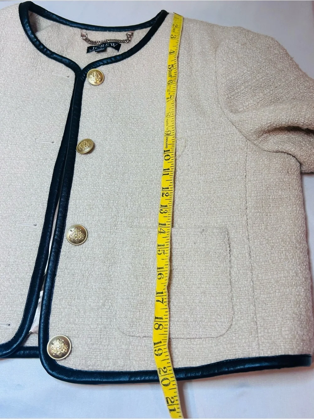 J. Crew Cream Bouclé Jacket with Black Trim and Gold Buttons